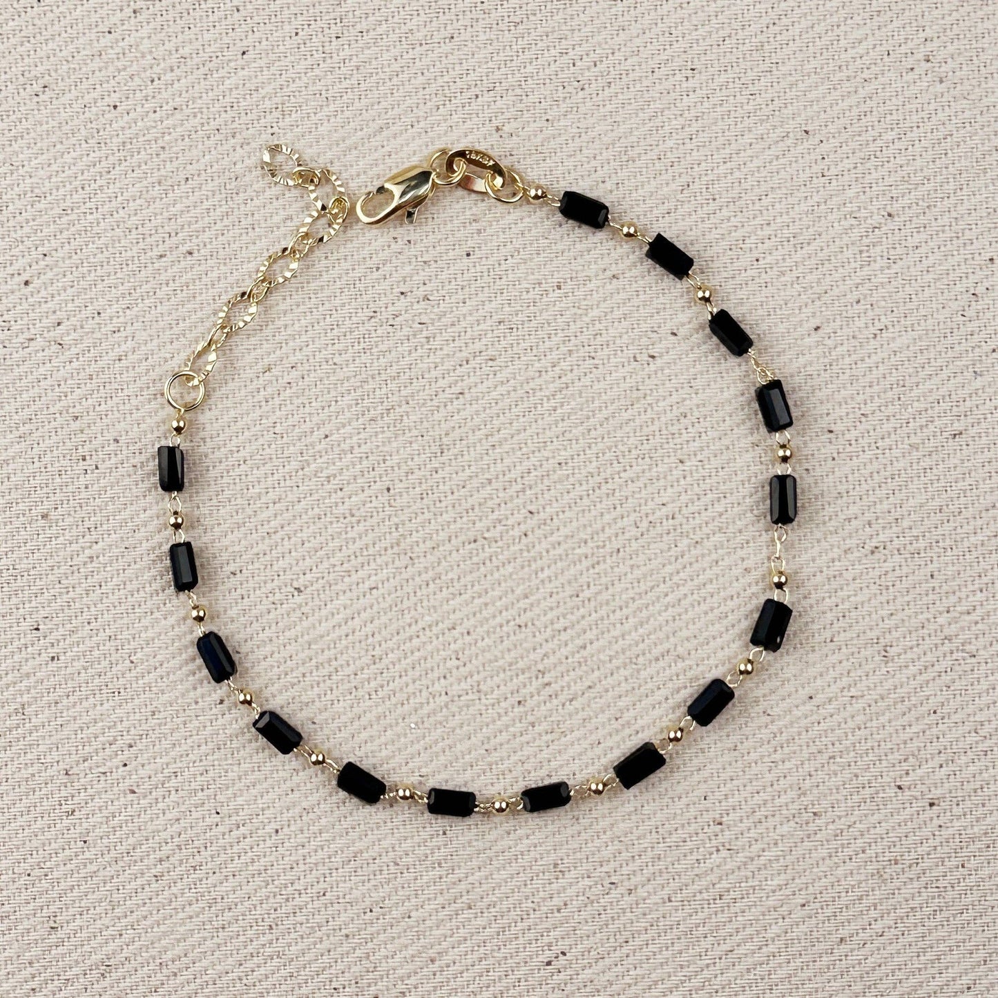 18k Gold Filled 2 mm Black Baguette & Beads Bracelet