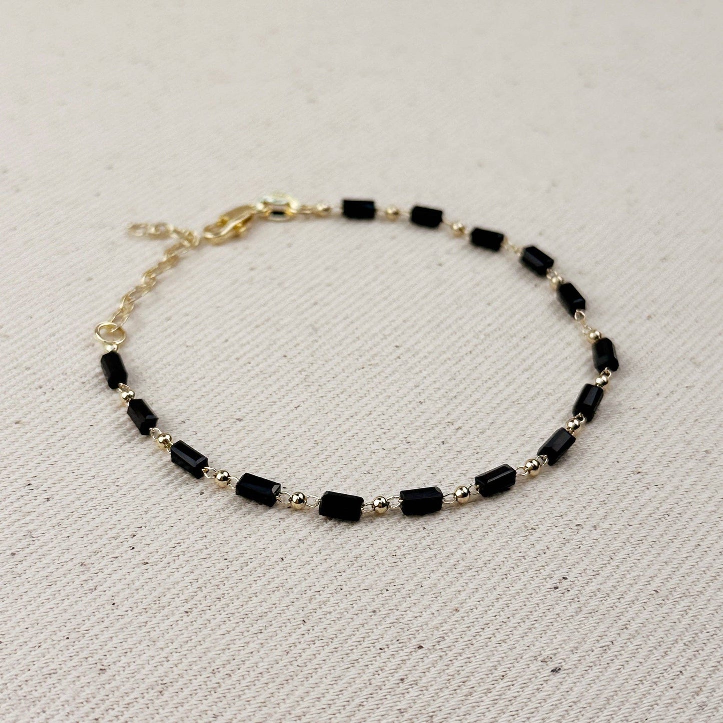 18k Gold Filled 2 mm Black Baguette & Beads Bracelet