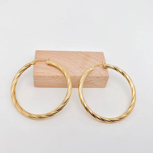 18K Gold Plated Stainless Steel Cable Hoop Earrings -Large