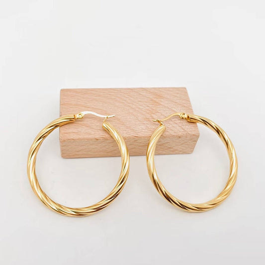 18K Gold Plated Stainless Steel Cable Hoop Earrings - Medium